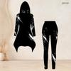 Women Plus Size Black White Printed Hooded Long Sleeve High Low Top Fitted Pants Two Piece Set
