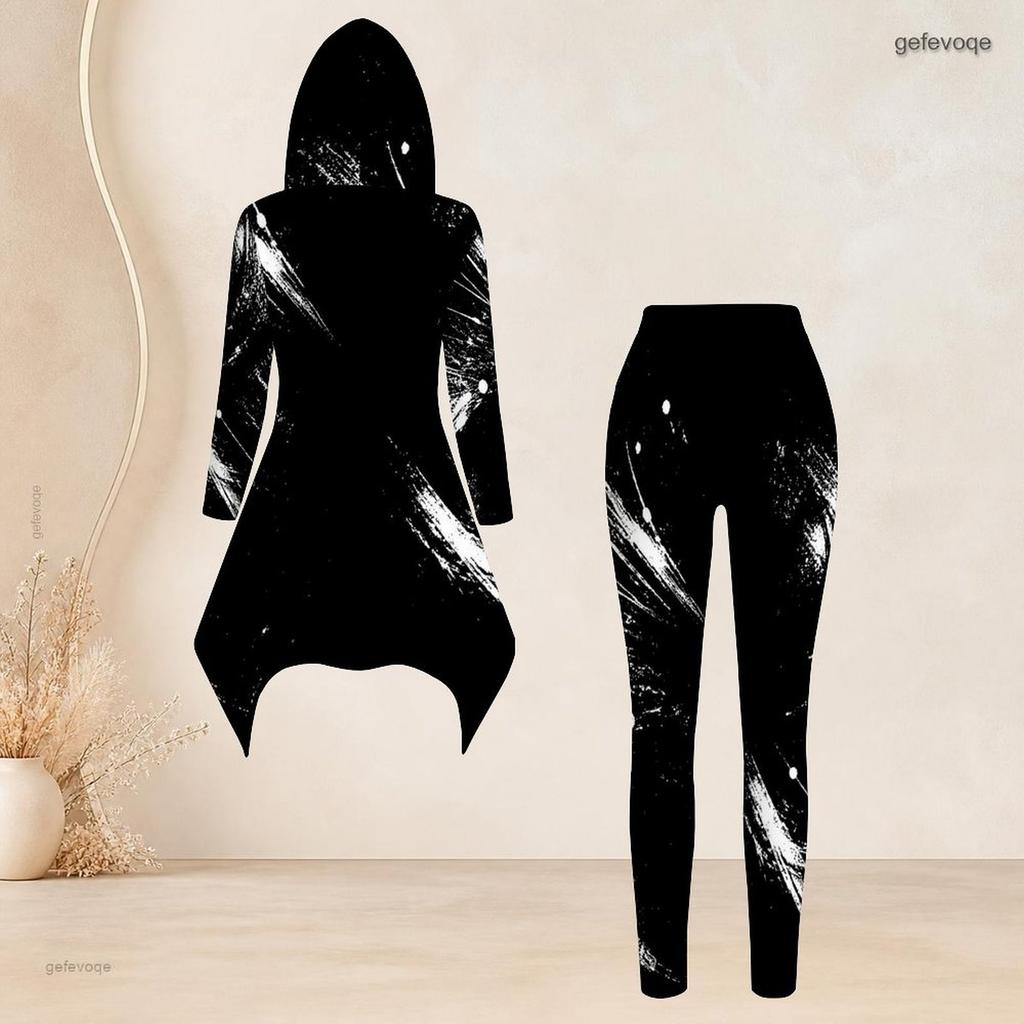 Women Plus Size Black White Printed Hooded Long Sleeve High Low Top Fitted Pants Two Piece Set