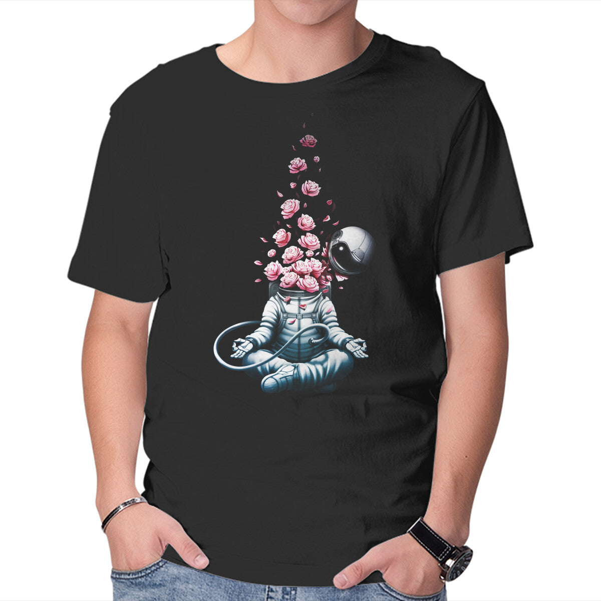 Unisex Crew Neck T-Shirt Astro Meditation Roses Graphic Short Sleeve Casual Tee XS