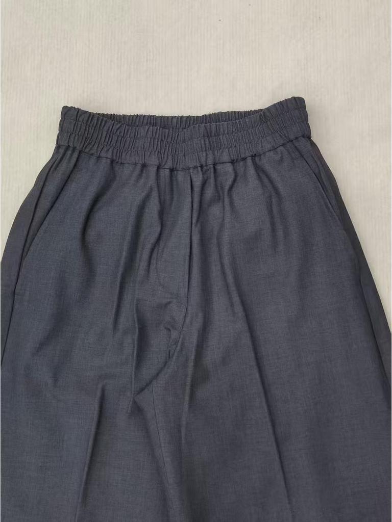 Versatile Grey Wool Blend Wide-Leg Pants with Elastic Waist