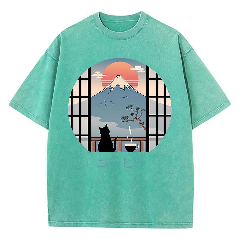 T Shirt Vintage Washed 100% Cotton T-Shirt Japanese Style with Mountain Cat Graphic Tee Casual Streetwear Spring Summer Fall