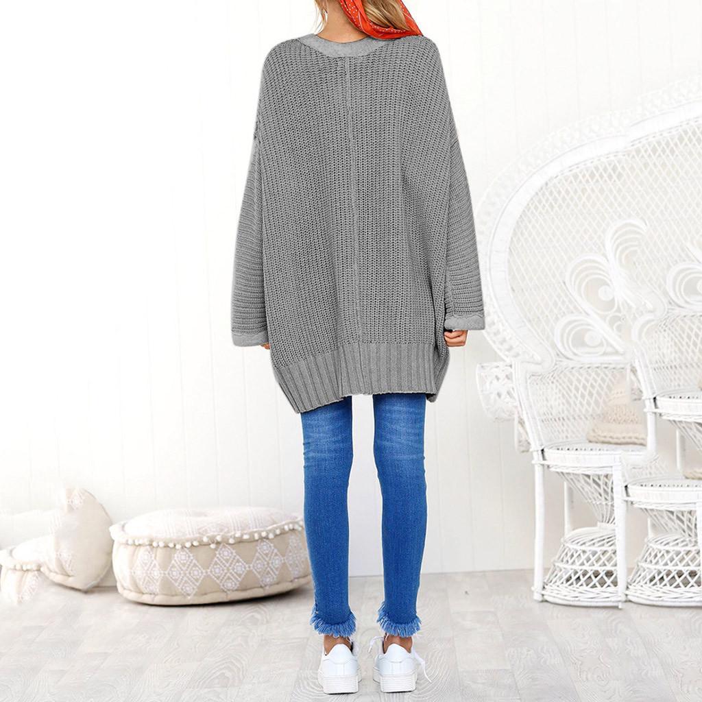 Fashion Women Casual Solid Long Sleeve Jumper V-Neck Lazy Loose Sweater Blouse