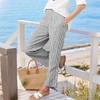 Women’s Casual Linen Striped Pants with Button and Side Pockets Relaxed Fit Ankle Length Trousers for Everyday Wear