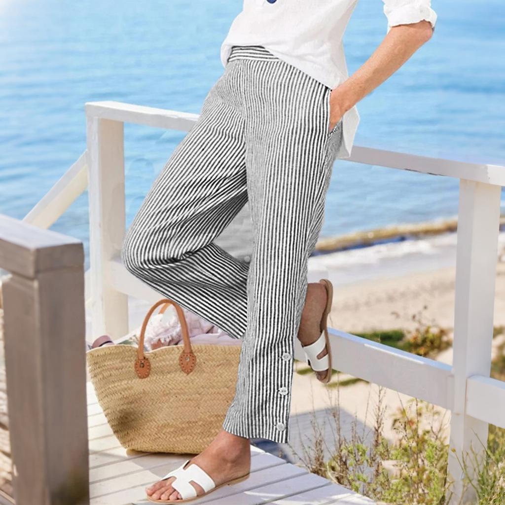 Women’s Casual Linen Striped Pants with Button and Side Pockets Relaxed Fit Ankle Length Trousers for Everyday Wear