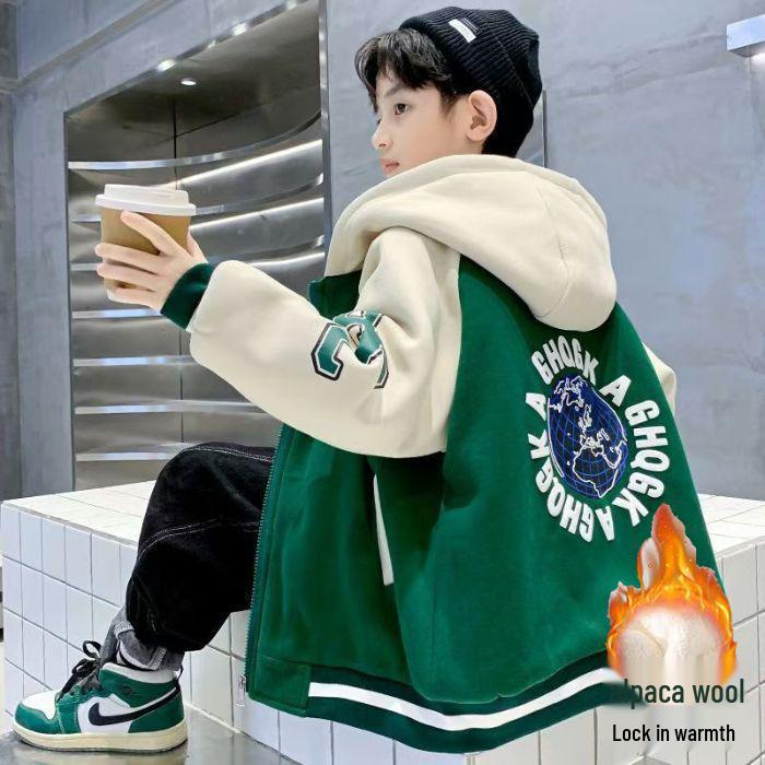 Jungen Mittlere-Große Koreanischer Stil Patchwork Kapuzen-Baseballjacke - Frühling/Herbst 2025