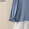 VONDA Elegant Women Lapel Neck Long Sleeve Patchwork Ruffled Shirts Dress