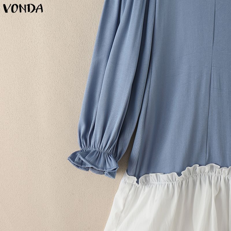 VONDA Elegant Women Lapel Neck Long Sleeve Patchwork Ruffled Shirts Dress