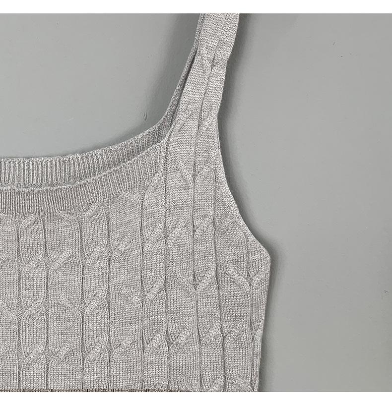 Korean Square Neck Spaghetti Strap Knit Dress - Waist-Cinched, Tight-Fitting, Hip-Hugging