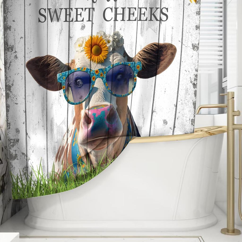 Farm Cow Shower Curtain Sweet Cheek Funny Cow With Sunflower Vintage Barn Farm Animal Waterproof Bathtub Shower Curtain