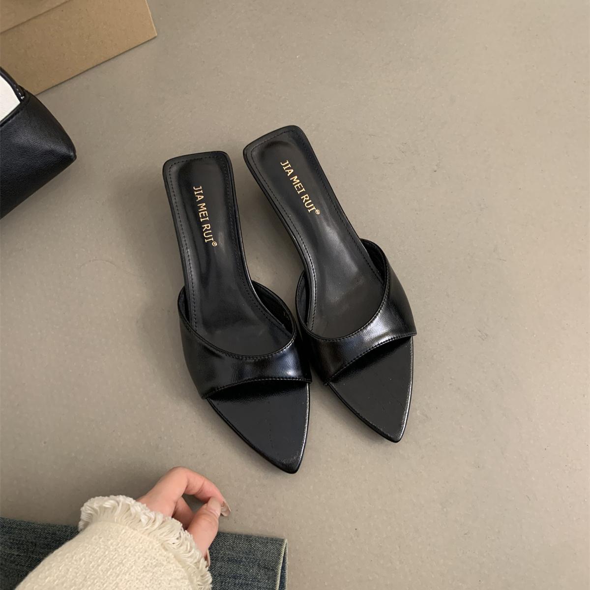 

2024 Новый Бренд Женские Тапочки Острый Носок Слипоны Женские Элегантные Босоножки Тонкий Низкий Каблук Пип То Слайды Обувь Туфли Платье 39 чёрный