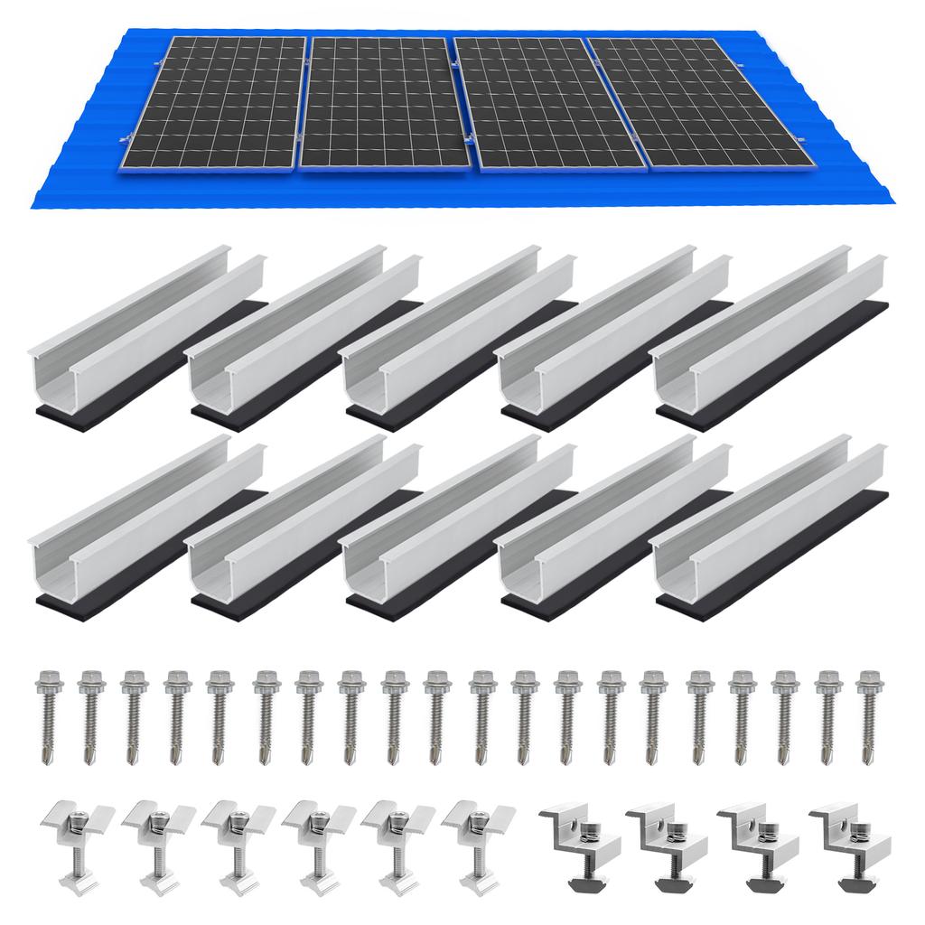 14/12/10/6pcs Solar Panel Mounting Brackets Mid and End Clamps and Rails Kit for Roofing Solar Panels of Multiple Sized