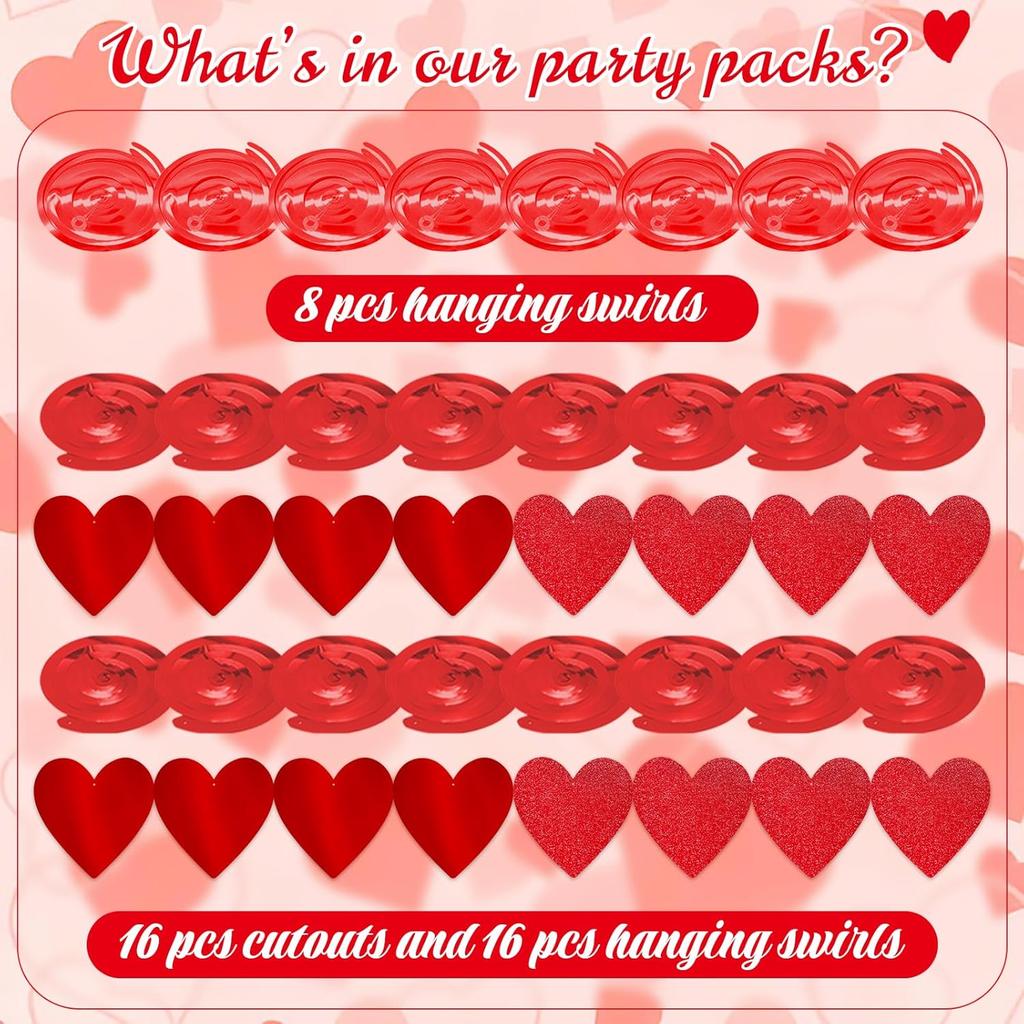 Glitter Red Hanging Heart Swirls Decorations, 40Pcs Valentine's Day Love Heart Streamers Ceiling Hanging Swirls for Romantic Galentines Anniversary
