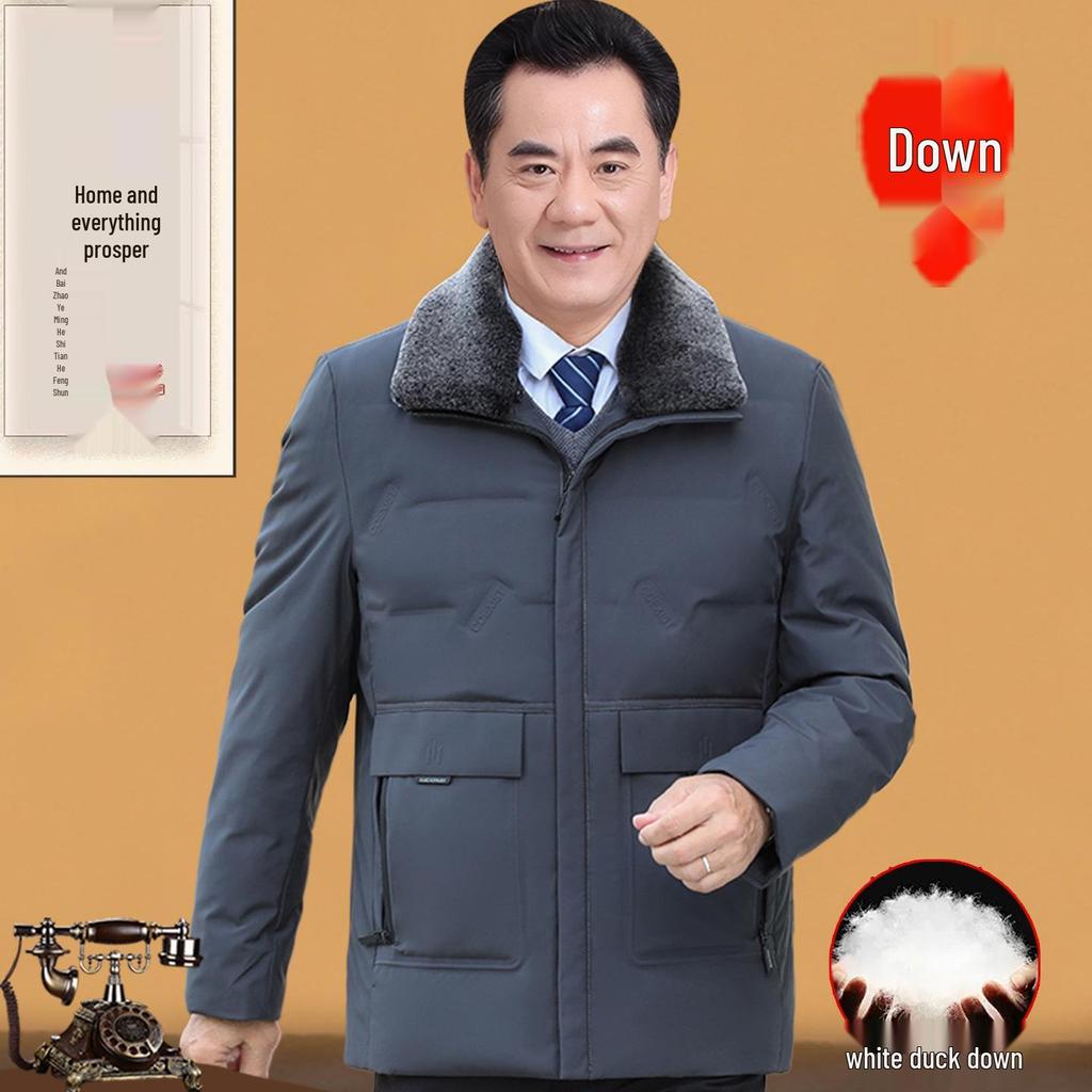Men's Thickened Lapel Collar Down Jacket with Fleece Lining - Winter Short Style for Middle-Aged and Elderly