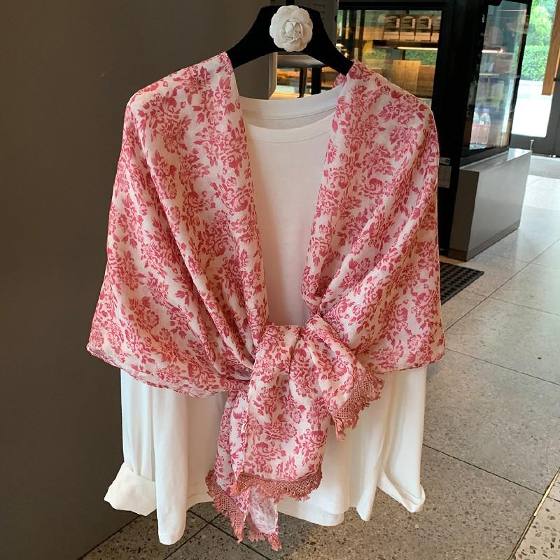 Korean Style Floral Print Scarf Women 180x90cm Lightweight Cotton Linen Shawl Fashion Accessory