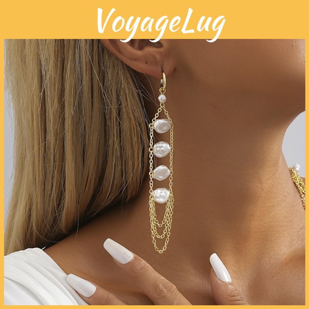 White Chic Geometric Faux Pearl Earrings With Chain Tassels For Women 2023