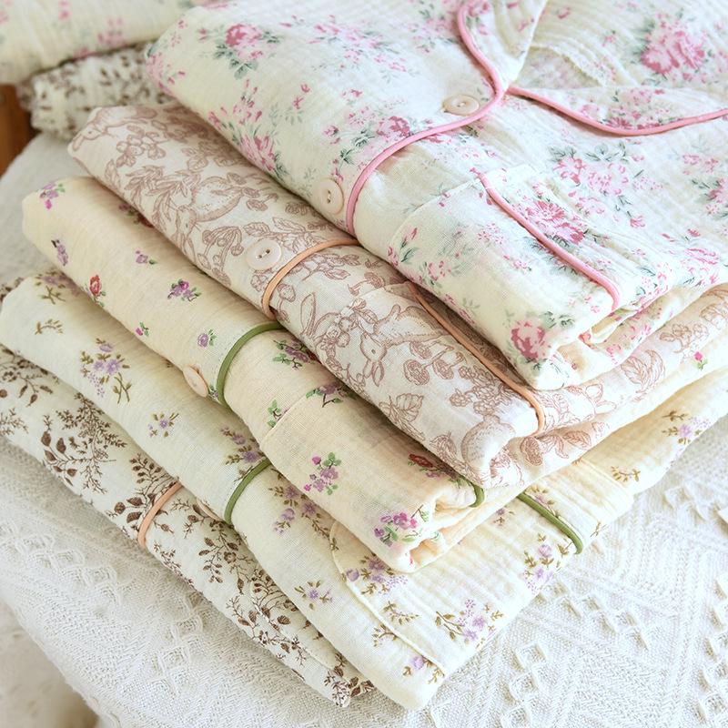 Women's Autumn Long Sleeve Cotton Floral Crinkle Fabric Plus Size Homewear Set