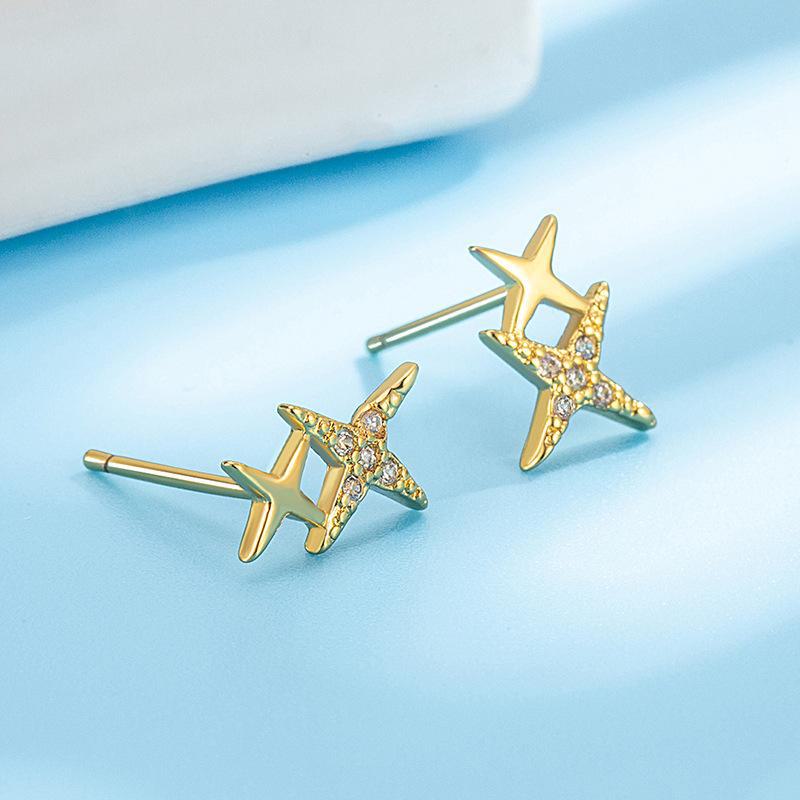 Женские именные серьги с двумя звездами — милые, с бриллиантами, маленькие и простые в дизайне звездного метеора copper золотой