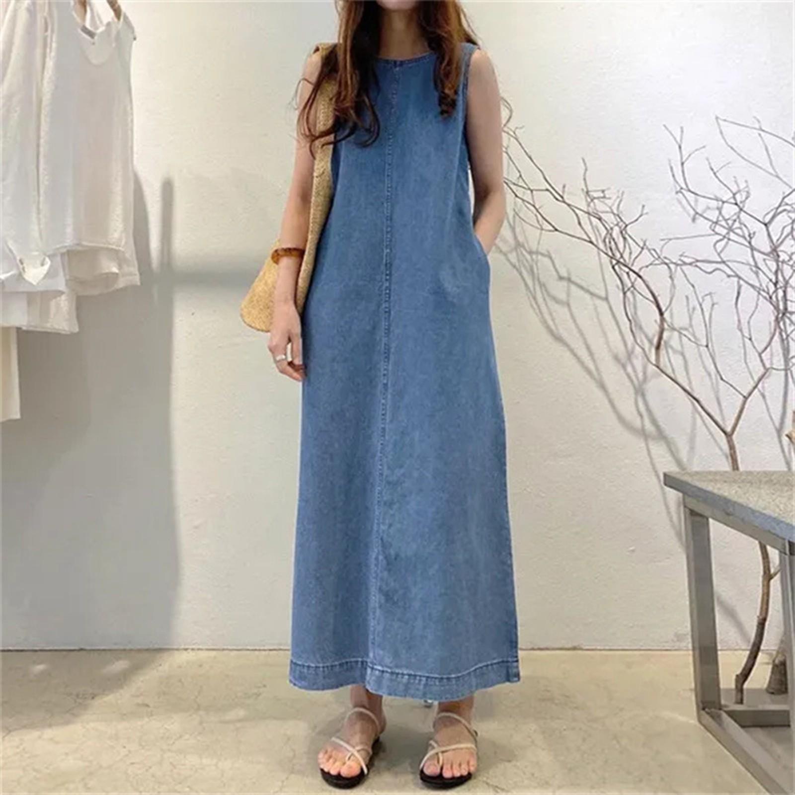 

Women s Fashion Solid Color Maxi Dress Round Neck Sleeveless Pocket Loose Tank Top Denim Dress XXXXL синий
