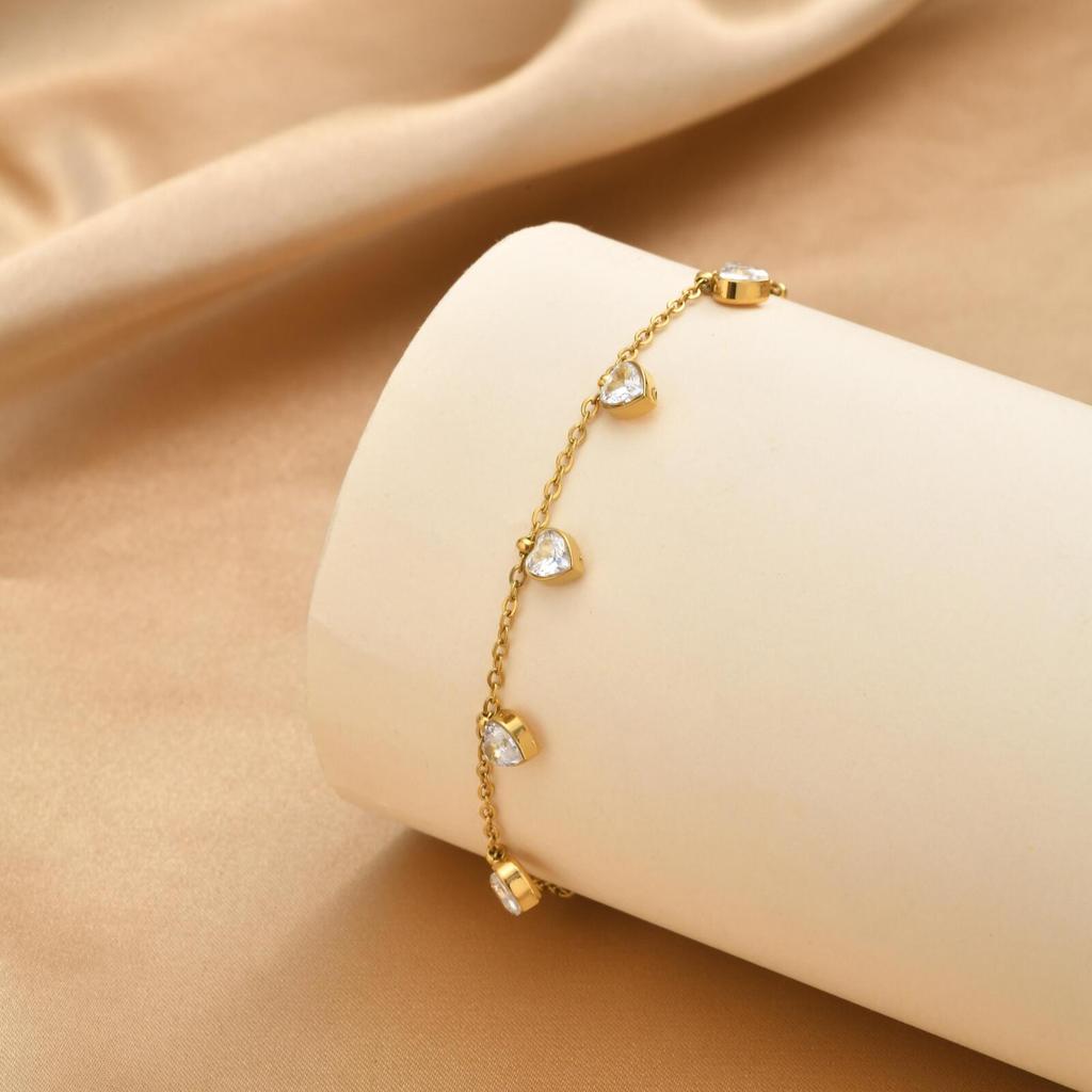 Heart Stainless Steel Anklet Bracelet Waterproof Gold Plated CZ Stone Satellite Chain French Style Jewelry for Women