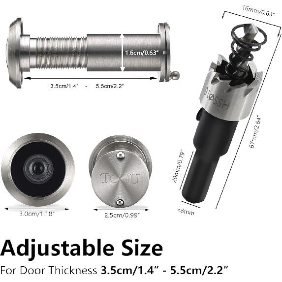 TOGU 220-Grad-Spionloch aus massivem Messing für Türen mit 16-mm-Bohrer, 0,63 Zoll Türspionloch mit Sichtschutz, Kompatibel mit Türstärken von 1-3/8" bis