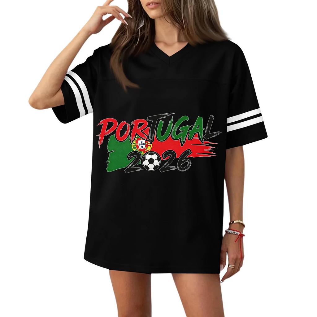 Damen Freizeit V-Ausschnitt Fußballtrikot-Stil Kurzarm T-Shirt mit Flaggen- und Fußball-Print für Sport und Freizeit