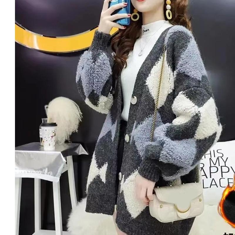 Autumn Winter V-neck Long Sleeve Cardigan Knitted Sweater Fashion Loose Women Elegant Diamond Print Casual Thick New Knitwear Office Jacket Clothing