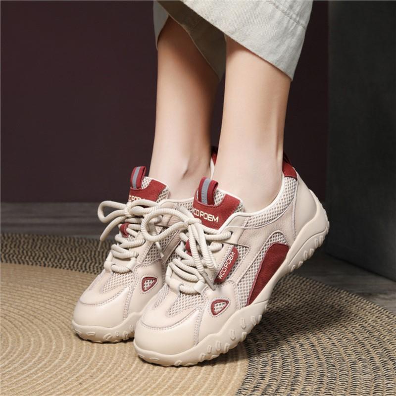Johnature Genuine Leather Splicing Mesh Breathable Soft Soled Sports Shoes Casual Versatile Women's Sneakers
