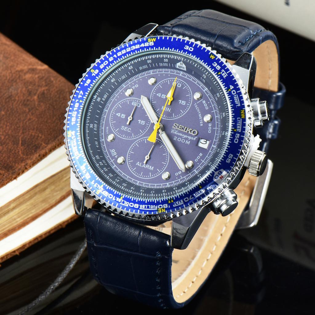 SEIKO Herren Quarz Chronograph Uhr Edelstahl / Lederarmband Tachymeterlünette Leuchtzeiger Datum Sport Business Herren Armbanduhr