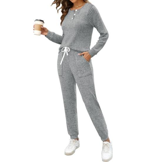 Women's Ribbed Knit Outfits 2 Piece Long Sleeve Pajama Set Fall Casual Sweatshirt And Joggers Lounge Set