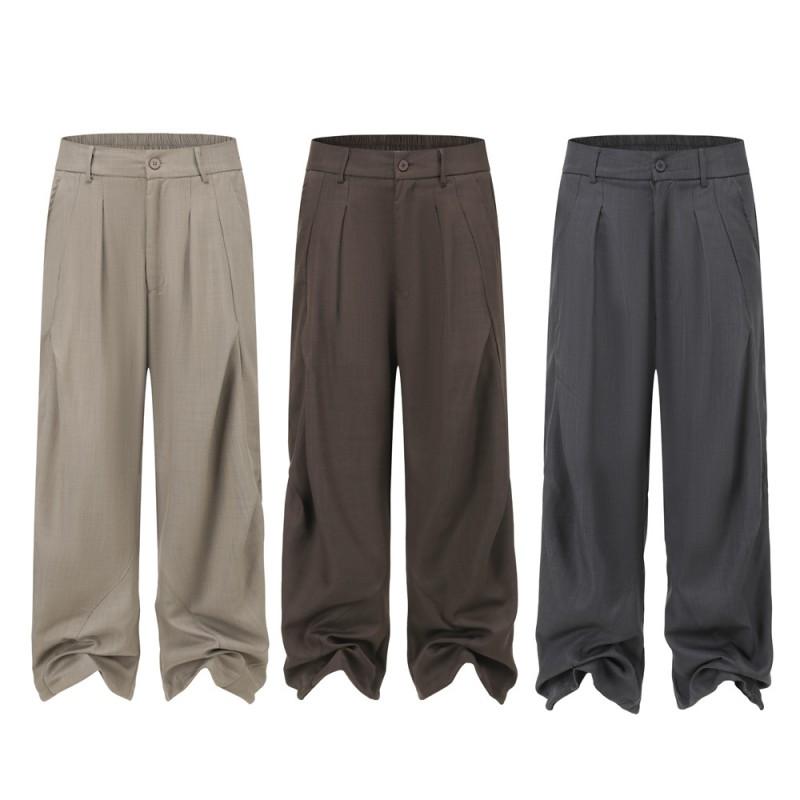 Japanese Retro Pleated Loose Wide Leg Trousers Unisex Casual Pants With Pocket Detail