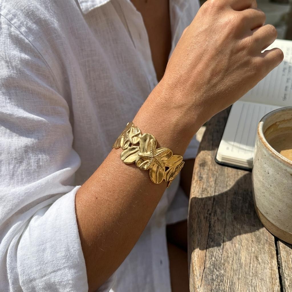 Exaggerated Irregular Stainless Steel Wide Cuff Bracelet Women's Leaves Starfish Bangle Delicate Daily Wear Jewelry Gift