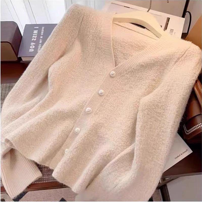 Spring Mermaid Hem Knitted Cardigan Top Women's New Korean Fashion Long Sleeved Pearl Buckle V-neck Sweater Jacket Women