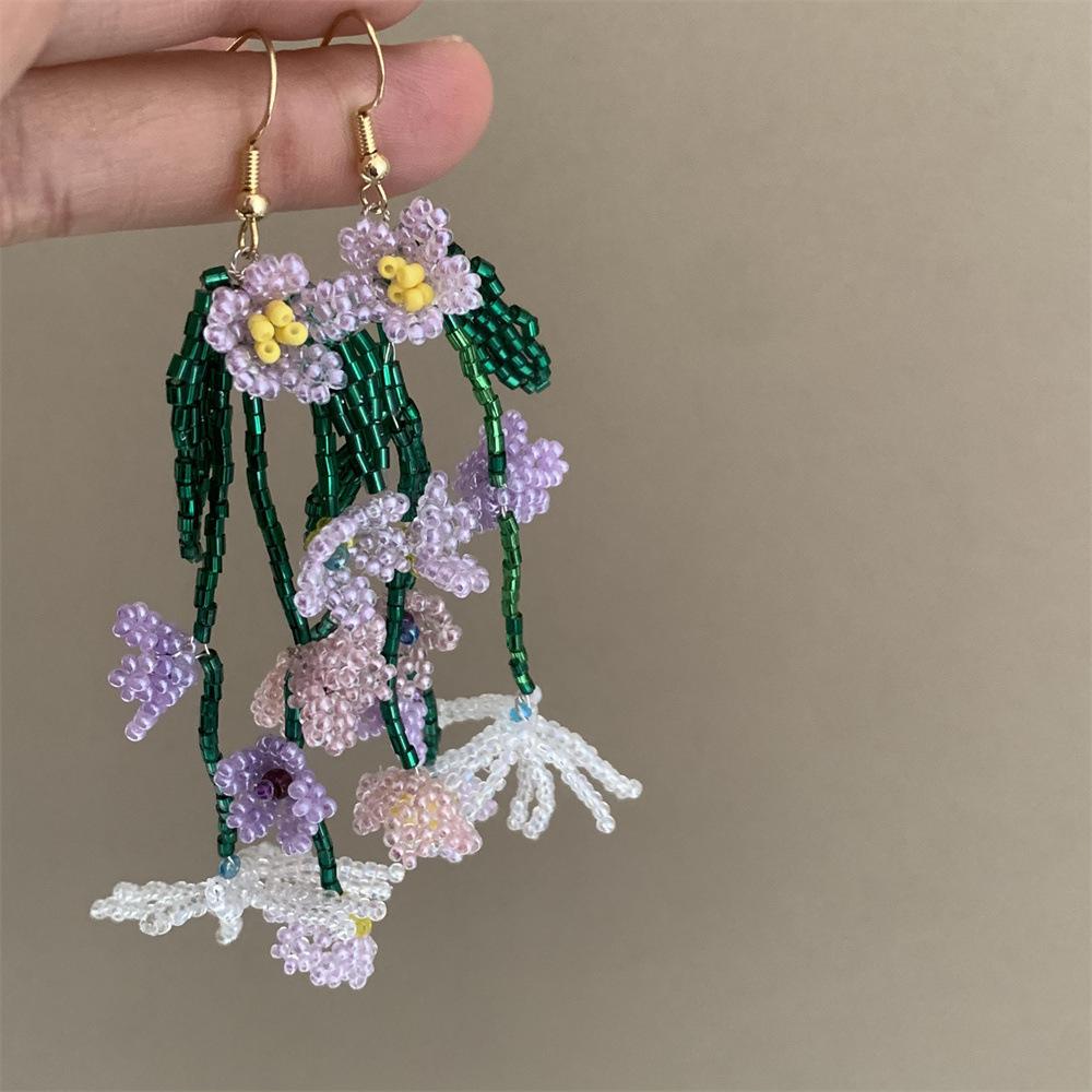 Purple Charm Flower Beaded Earrings Handmade Earhooks Style