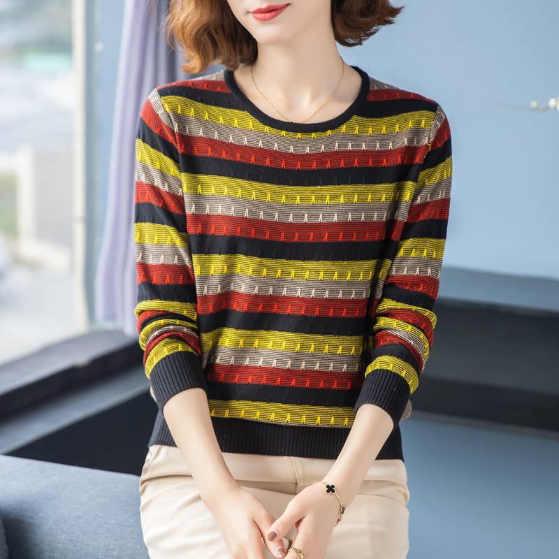 Spring Autumn Fashion Striped Long Sleeve Loose Sweaters for Female Trend Vintage Patchwork Knitted T-shirt Women's Clothing