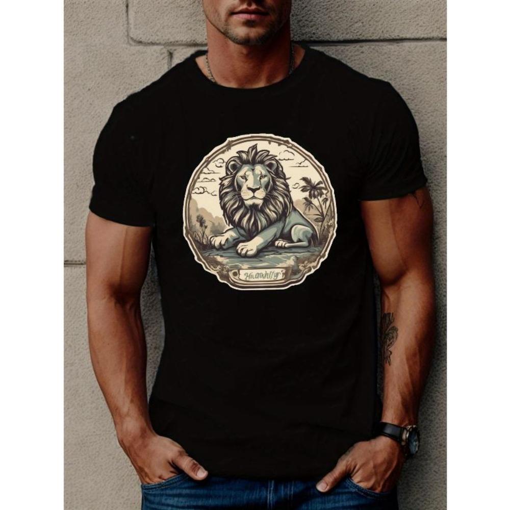 

European Sizes Men s Lion Graphic Tee - Casual Short Sleeve T-Shirt, Breathable Polyester, Machine Washable - Perfect for Summer XXXXXL чорний