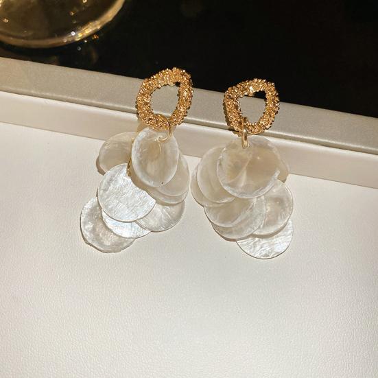 1 pár dámských visacích náušnic kulatých s mušlí, střapcem a dlouhých náušnic dámských puzetových náušnic pro rande, banket, taneční párty, doplňky