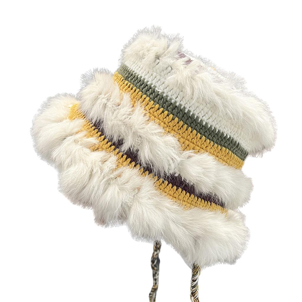 Color rabbit fur knitted hat women's autumn and winter splicing warm wool hat sweet and cute basin hat women's lion hat