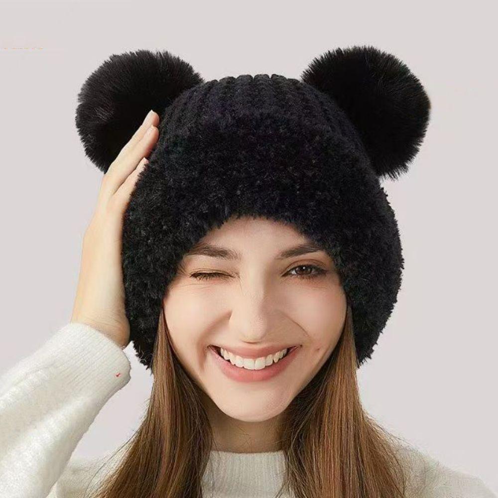 Bear Ear Design Beanie Hat Solid Color Ski Cap Cute Knitted Hat