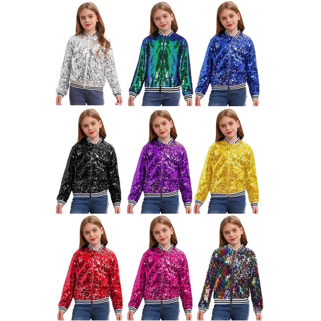 Kids Girls Sparkly Sequin Baseball Jackets Coat Long Sleeve Front Zip Up Striped Trim Outerwear Dancing Party Bomber Jackets