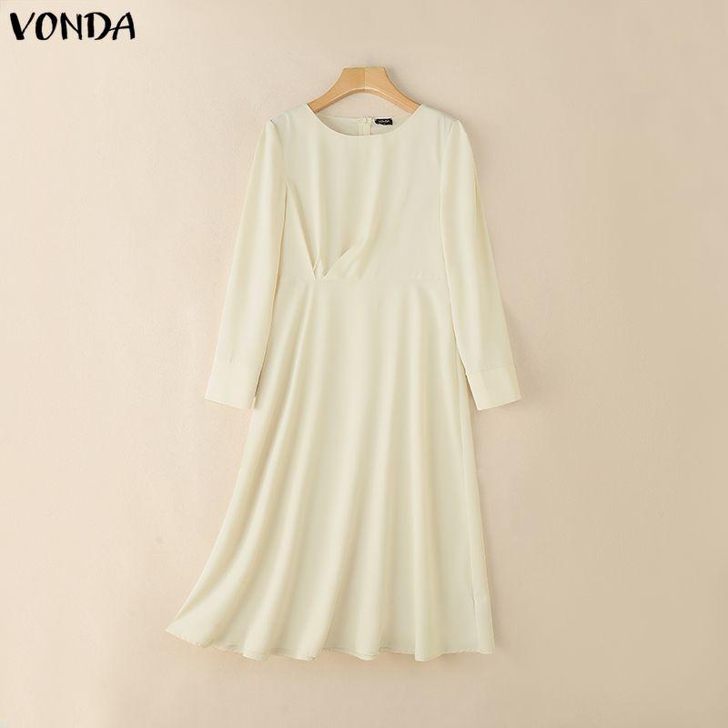VONDA Elegant Women Round Neck Long Sleeve Side Ruffled Casual A-line Dress