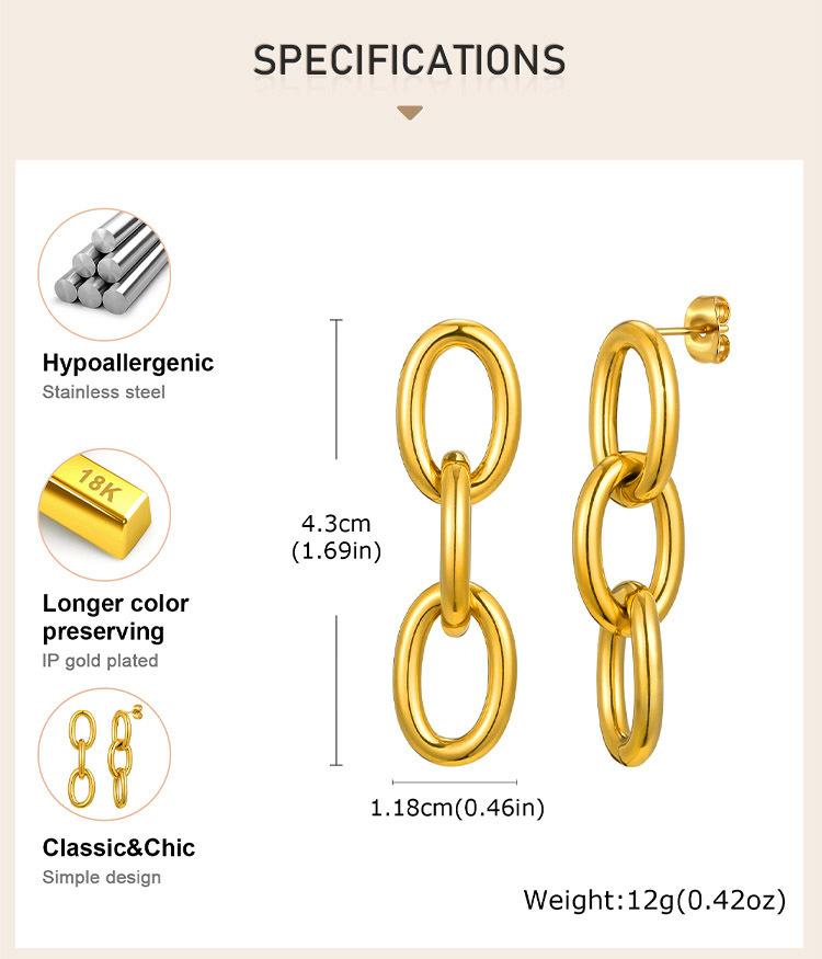 Chunky Symmetrical Link Chain Dangle Drop Earring, Stainless Steel Geometric Earring Women, Minimalist Jewelry Waterproof