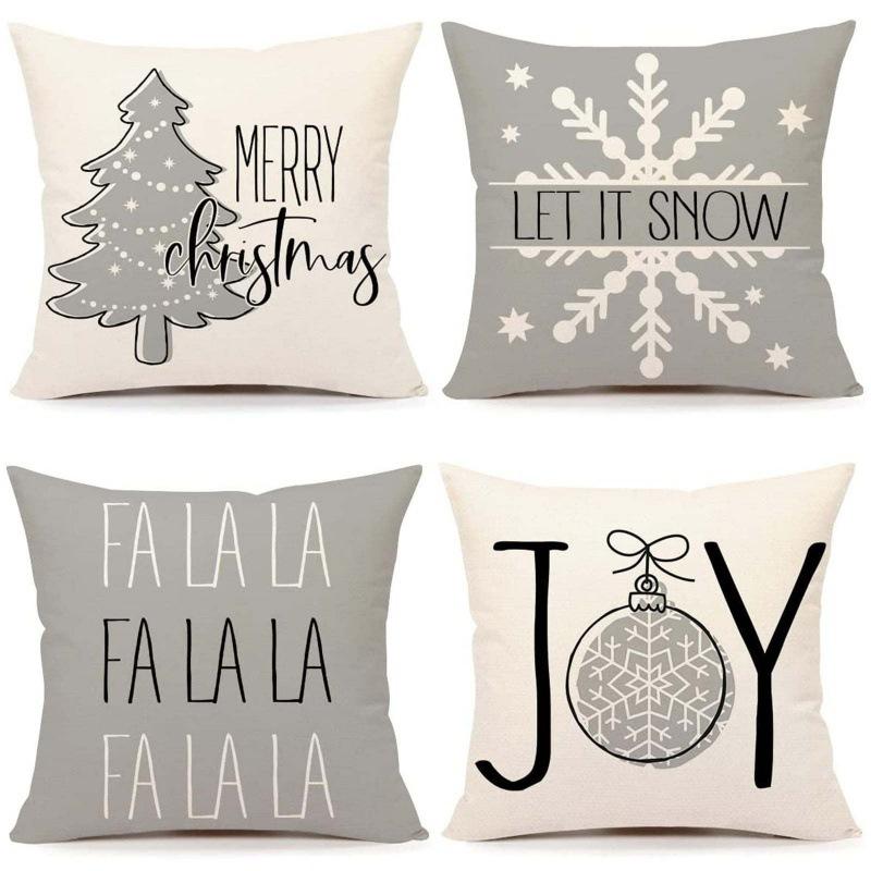 Set of 4 Trendy Christmas Pillow Covers 18x18 Red White Pillowcase Square Xmas Tree Snowflake Pattern Holiday Decor