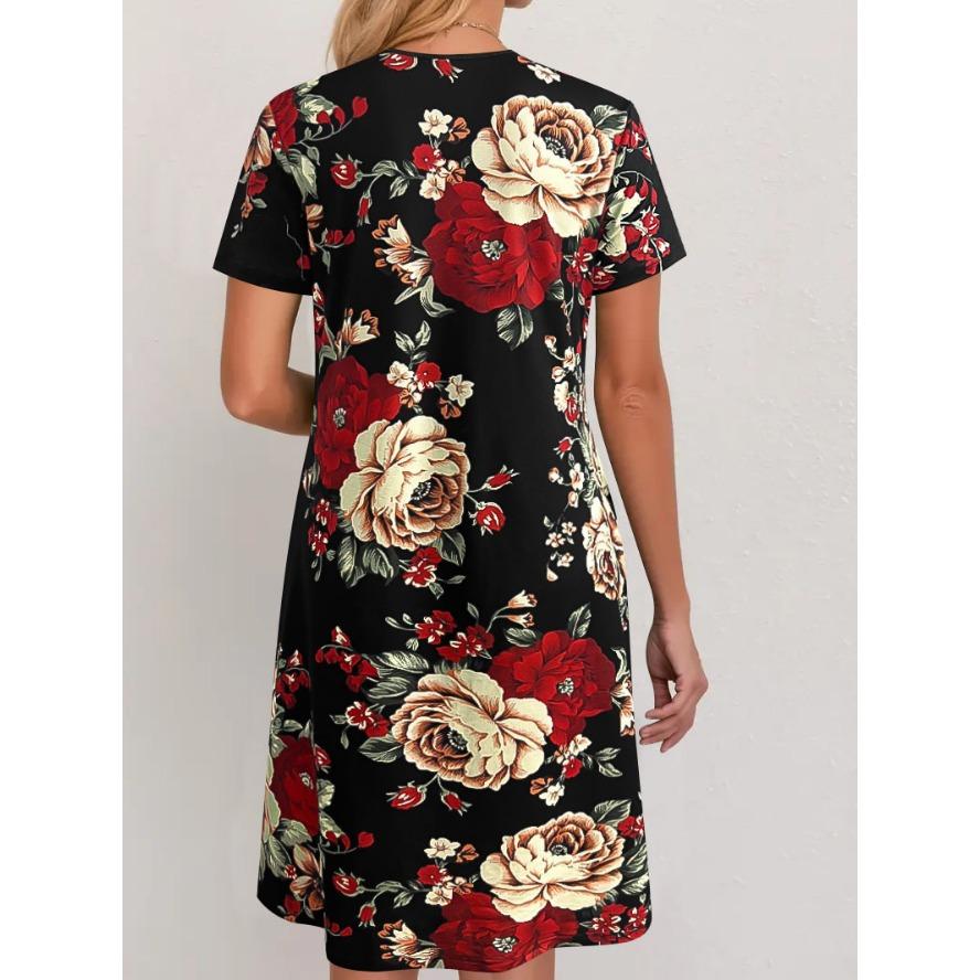 YYFS Women's Fashion Summer Spring Flower Pattern Print Short Sleeve O-Neck Loose Waistline Casual Dresses