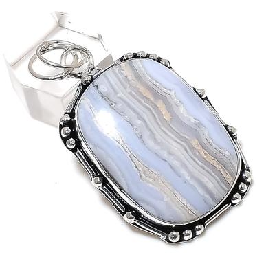 Natural Blue Lace Agate Gemstone Handmade 925 Sterling Silver Pendant 2.17" S1f77