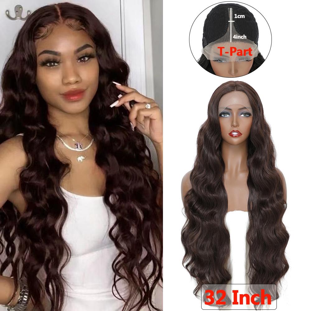 SOKU Burgundy Synthetic Lace Front Wig For Women 30 Inch Long Body Wave Side Part Transparent Lace Wigs Heat Resistant Fiber