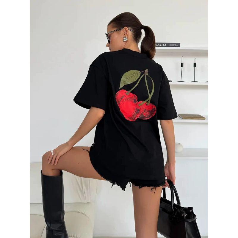 Loose Printed T-shirt Western Style New Casual Fashion Cherry Print Cotton Short Sleeve T-shirt Top