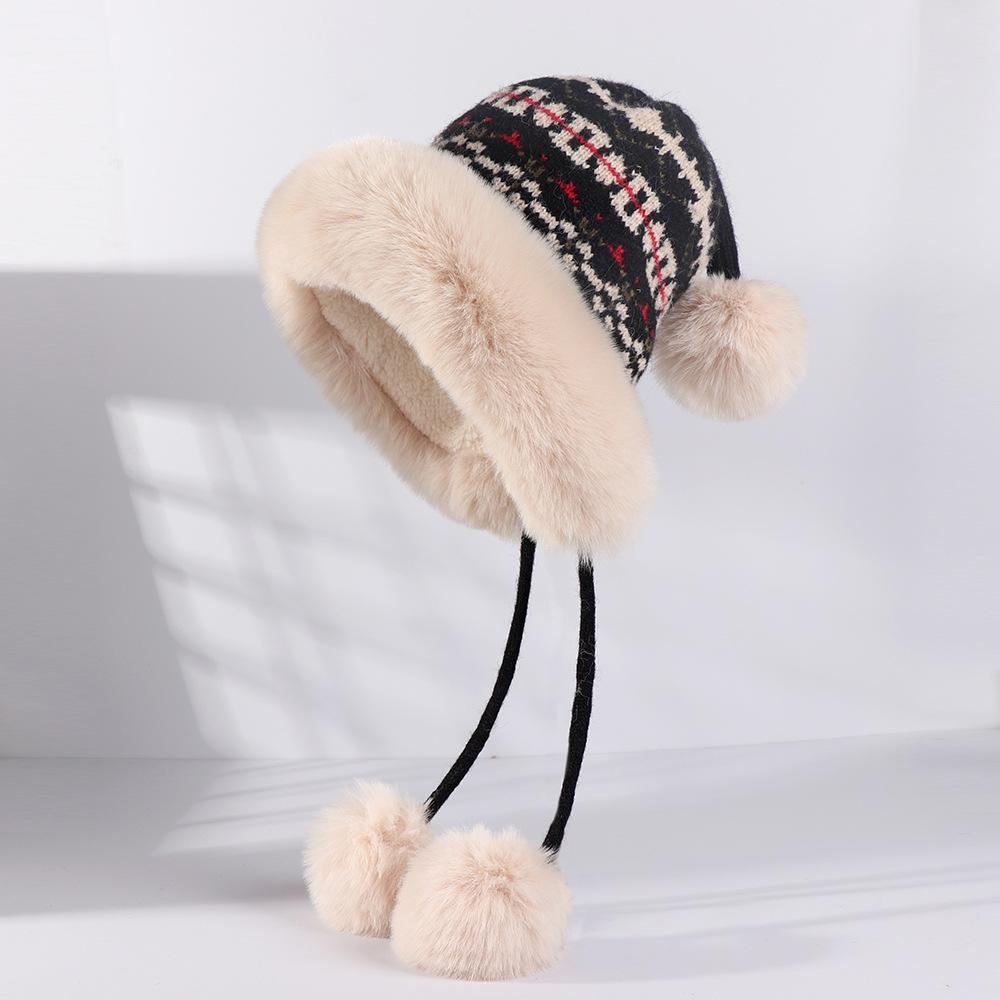 Winter Knitted Hat with Plush Warm Ear Protection Cap Fashion Korean Knitted Hat for Women