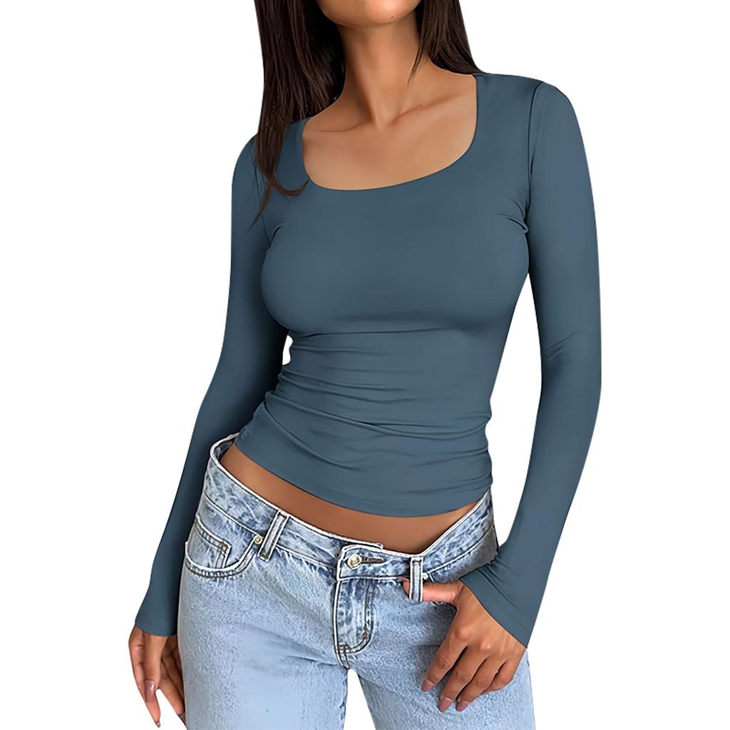 Women's Casual Solid Color Square Neck Slim Fit Sexy Long Sleeve T-Shirt Top