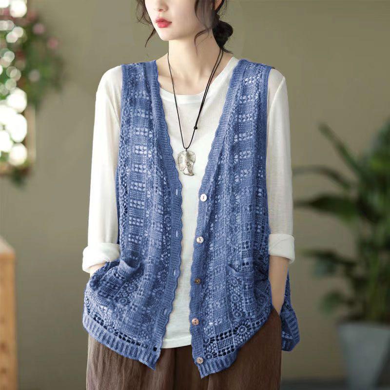 Ethnic Style Women's Cotton Hollow Vest Single-breasted Thin Lace Vest Summer Loose Cardigan Vest Outwear