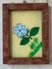 Vintage Wooden Frame Wall Hanging  Blue Flower Glass Painting